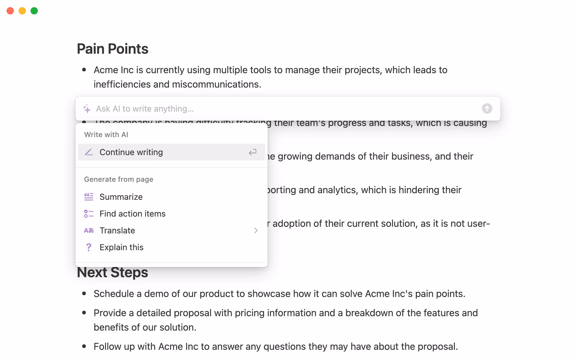 When you add a new block to a page with existing content, we prioritize tools which let AI generate more ideas or extract useful info.
