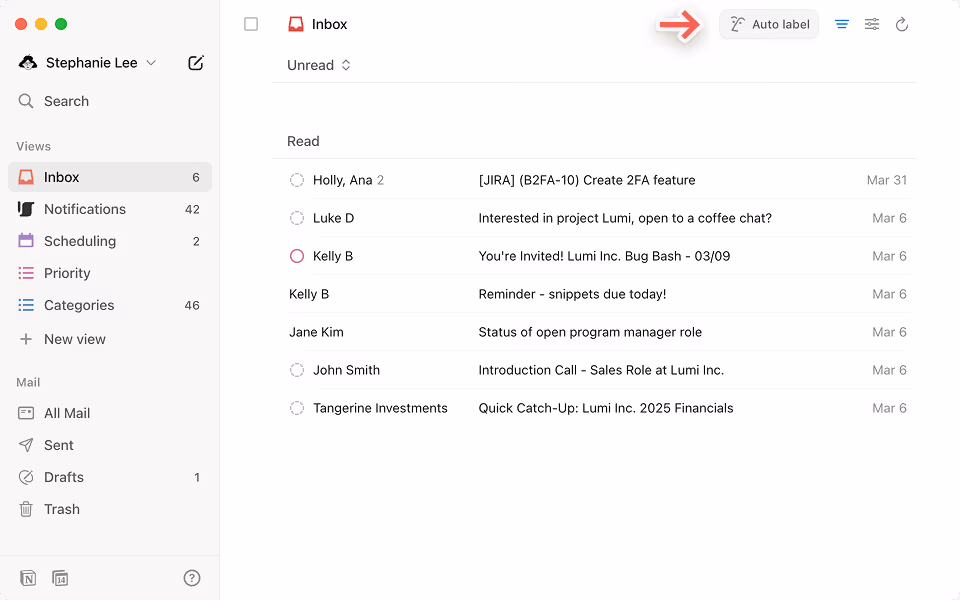 Access Auto label in the top right corner of Notion Mail.