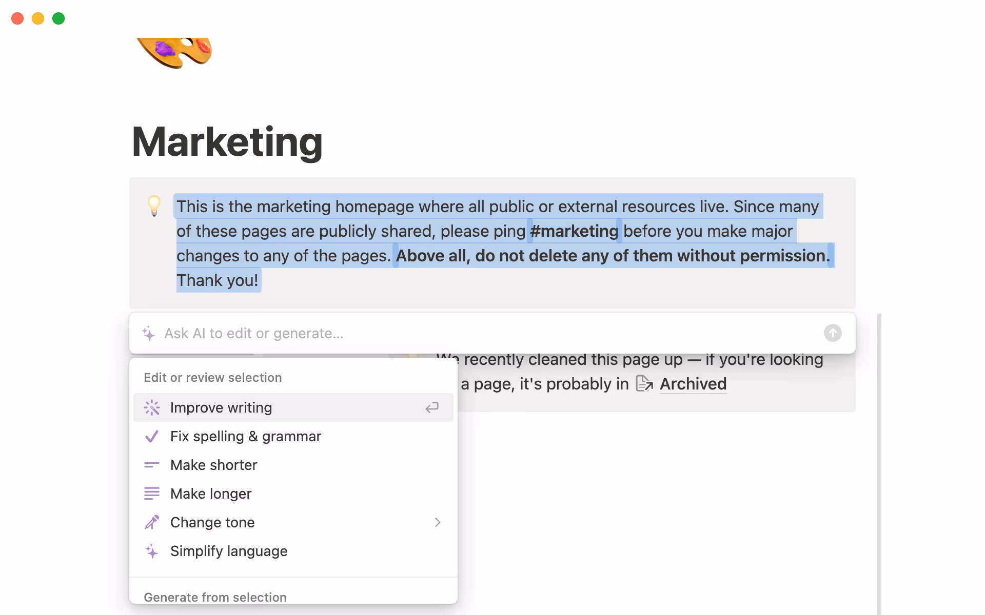 When you select a block of text, we prioritize editing tools and let you compare 'before' and 'after' copy to decide which version to use.
