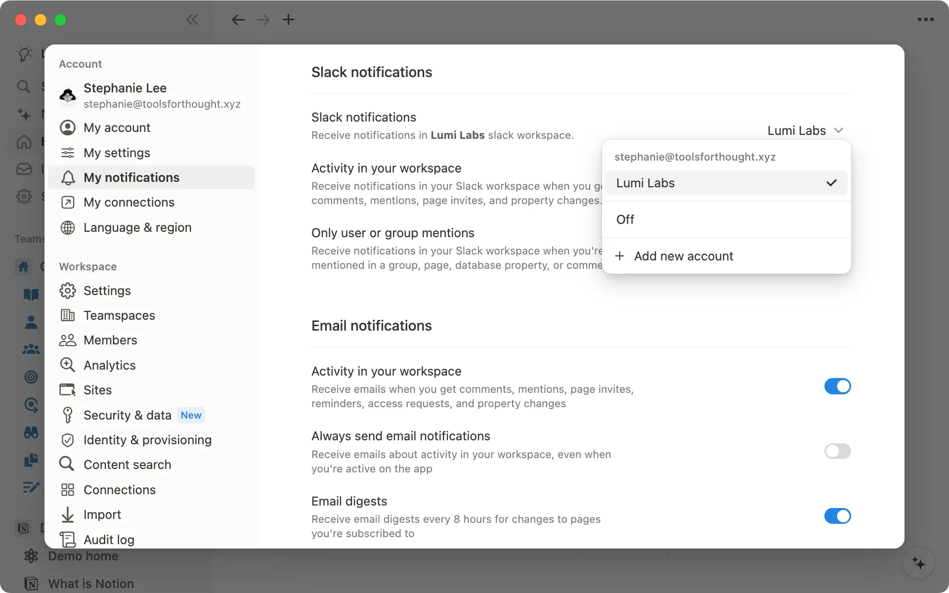Navigate to 'My notifications' in the left sidebar to turn on Slack notifications.