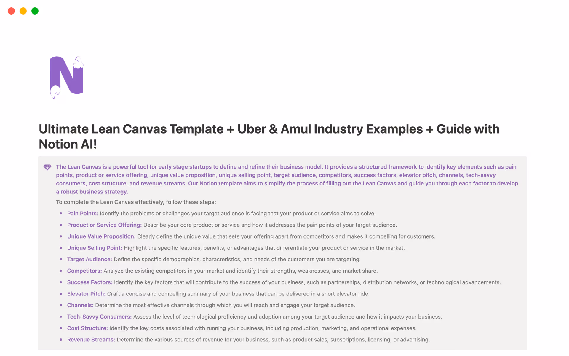 Notion’s lean canvas template