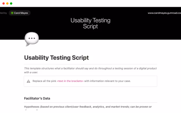usability testing script template