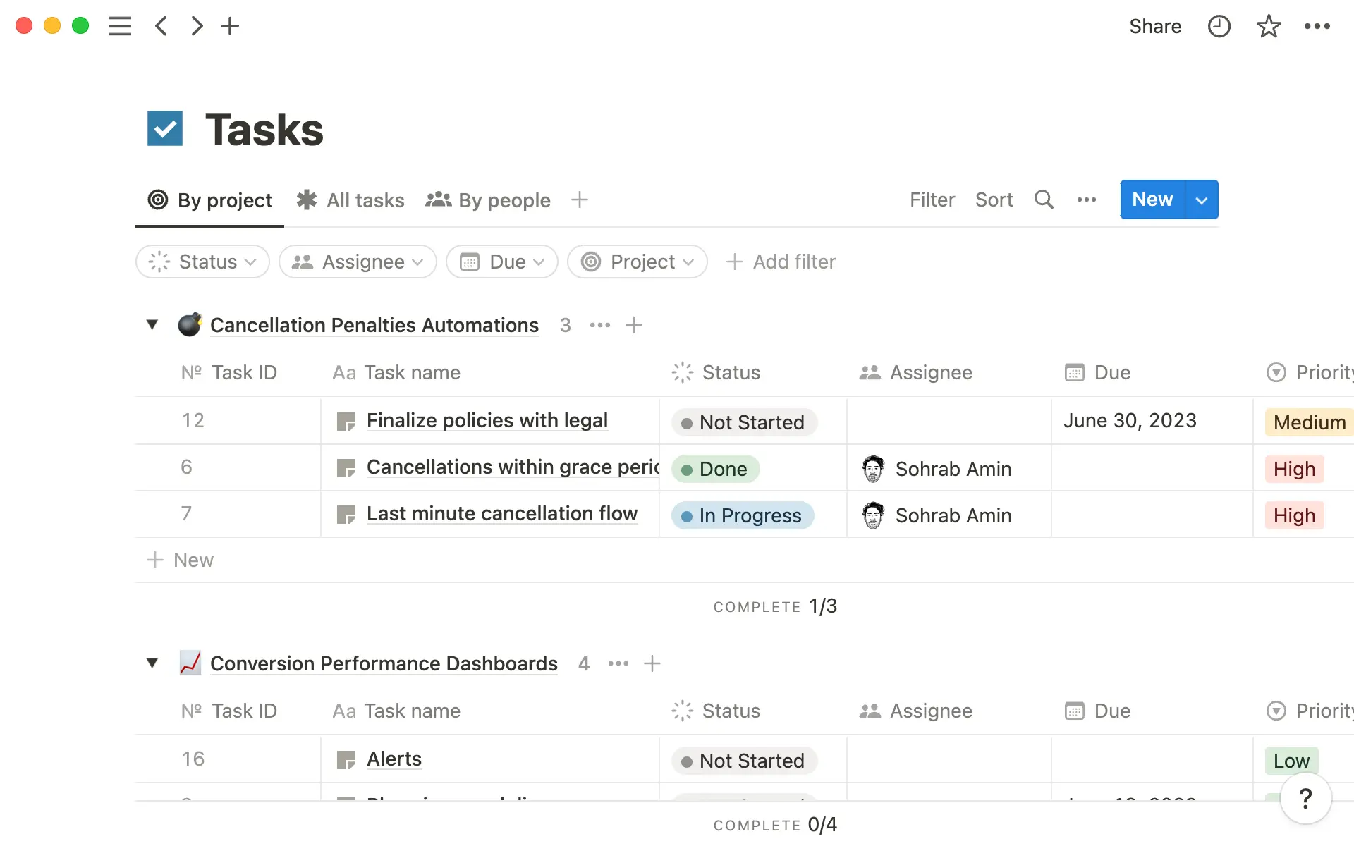 A tasks database can include vital information, like task status, owner, and timelines.