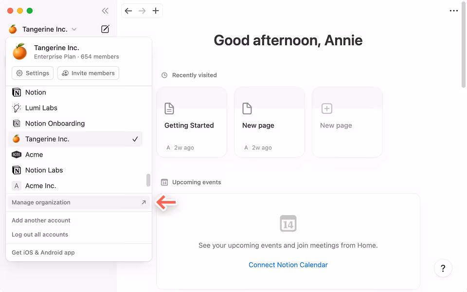 Click "manage organization" in the sidebar to access the admin console.
